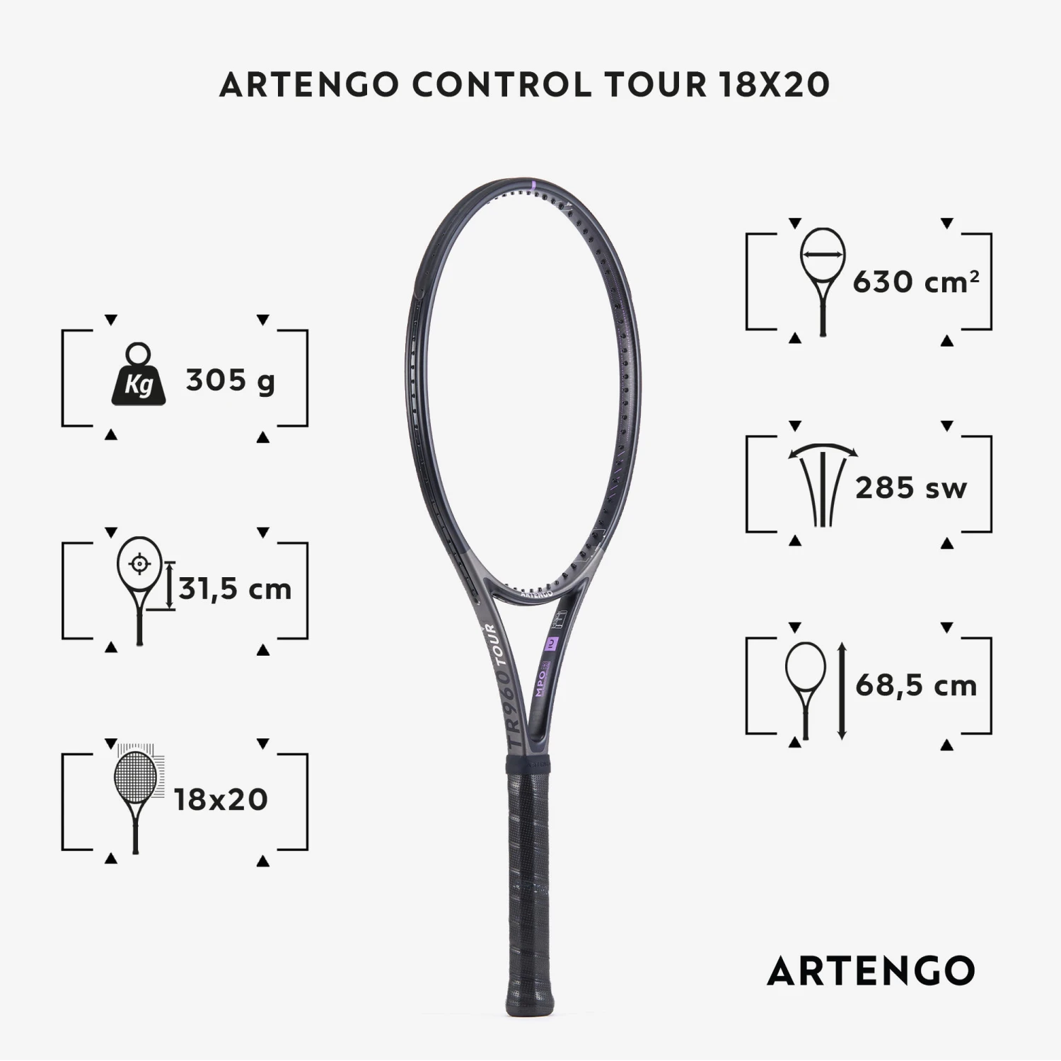 Artengo Adult Tennis Racket Control Tour TR960 18x20 Unstrung - Grey 4 Artengo Adult Tennis Racket Control Tour TR960 18x20 Unstrung - Grey - Image 2